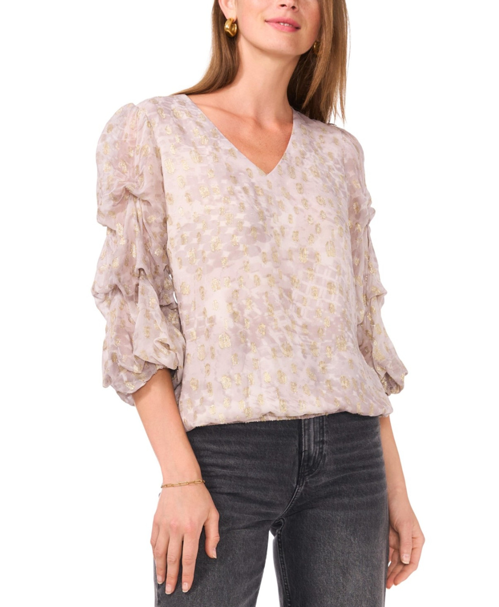 Vince Camuto Women Printed V-Neck Lantern Sleeve Top Soft Ash Size L